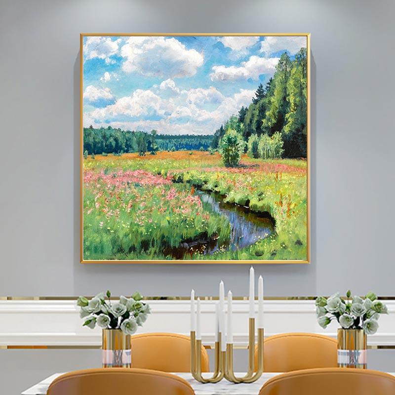 莫奈风景餐厅装饰画客厅沙发背景墙挂画美式轻奢现代晶瓷玄关壁画图片