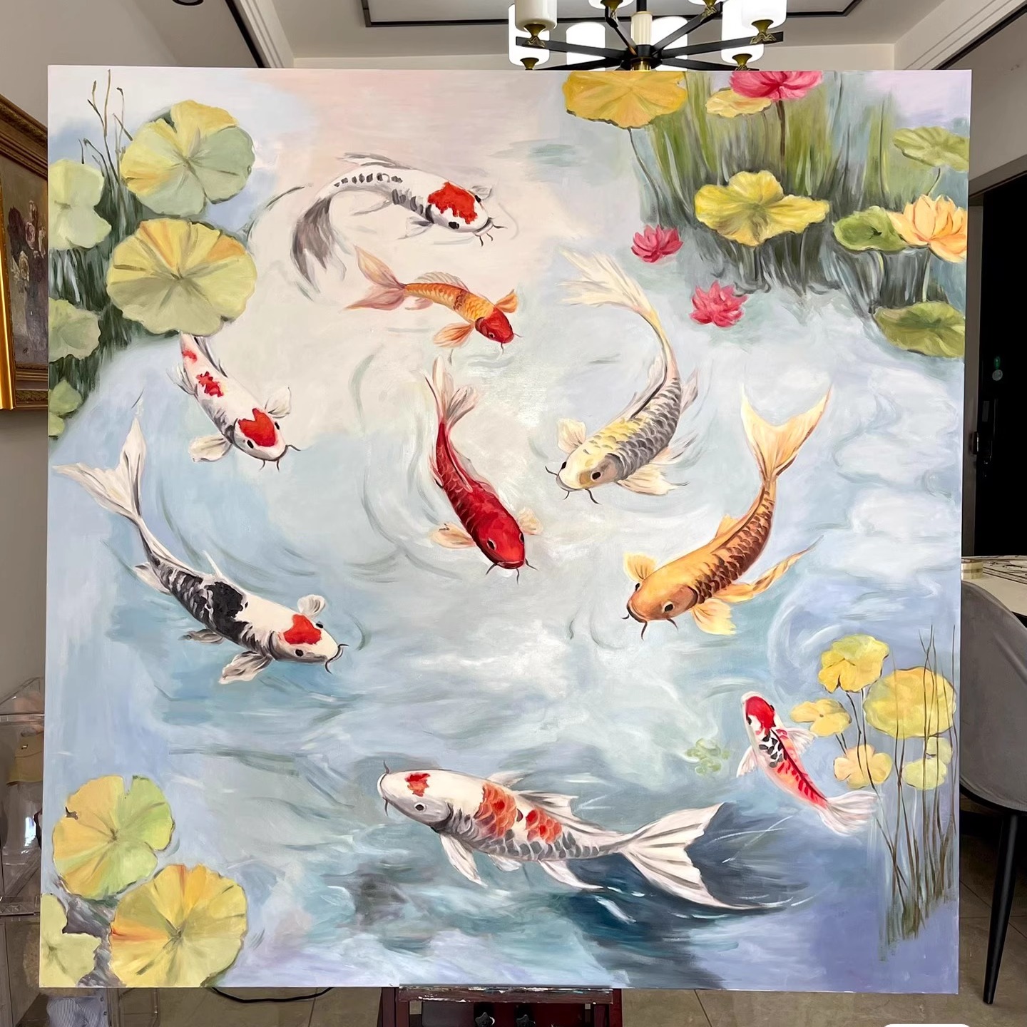 餐厅装饰画锦鲤九鱼图现代轻奢玄关新中抽象立体喷绘茶室微喷晶瓷图片