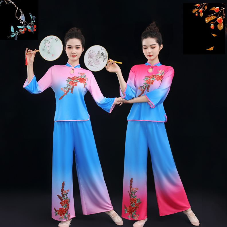 中国风表演服秧舞蹈服扇子演出服广场舞套装中老年新款歌队古典舞