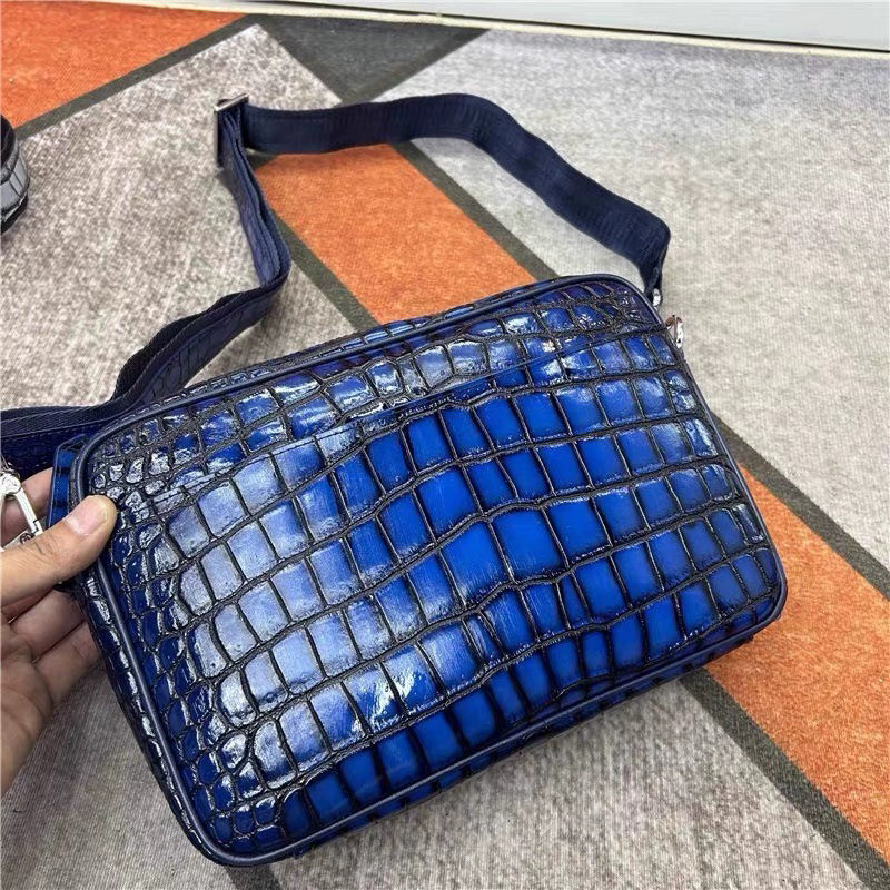 湾鳄手绘鳄鱼皮相机包真皮斜挎包男女同款手工擦色单肩包胸包尾单