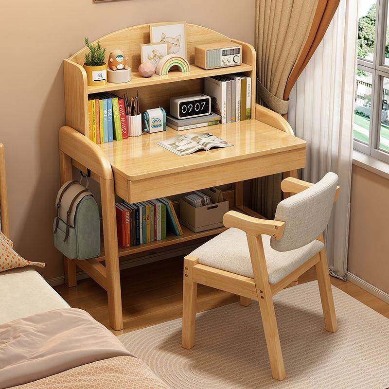 实木书桌3-18儿童书桌学习桌小尺寸床边可升降书桌书架一体桌