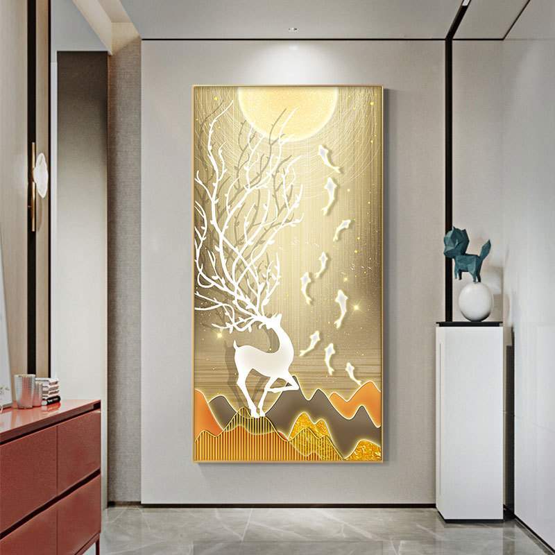 玄关装饰画高级感轻奢麋鹿金色树叶走廊过道挂画样板间软装挂画图片