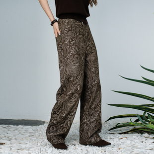 DAIXIU2025新款复古刺绣腰果花纹弧形中腰显瘦百搭牛仔长裤阔腿裤