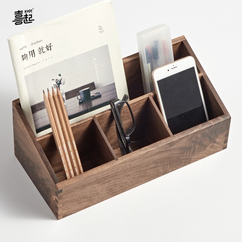 黑胡桃实木桌面电视遥控器收纳盒 客厅茶几桌上木质化妆品整理盒