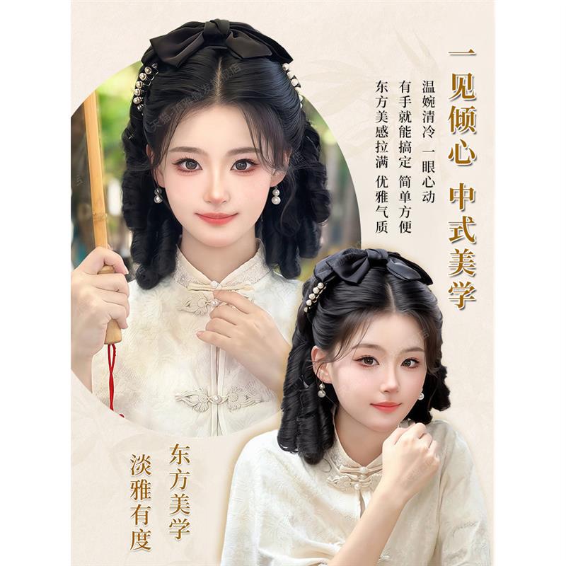 马尾假发女民国风黑色罗马卷蝴蝶结抓夹发饰中式旗袍发髻马尾假发
