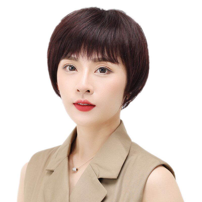 真发假发女短发妈妈短直发中老年女士全头套发型真人发丝自然发套