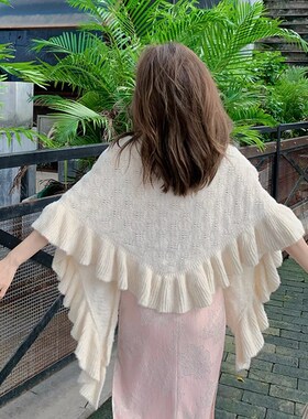 白色新中式旗袍外搭披肩斗篷复古民国风日常文艺针织三角外披春秋