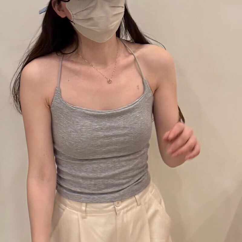 T字型挂脖美背吊带背心女内搭带胸垫一体式内衣外穿打底无袖上衣