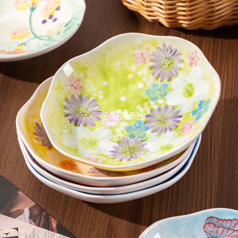 高颜值濑户烧花卉陶瓷釉下彩8寸水果盘深盘饭盘餐盘菜盘餐具手绘