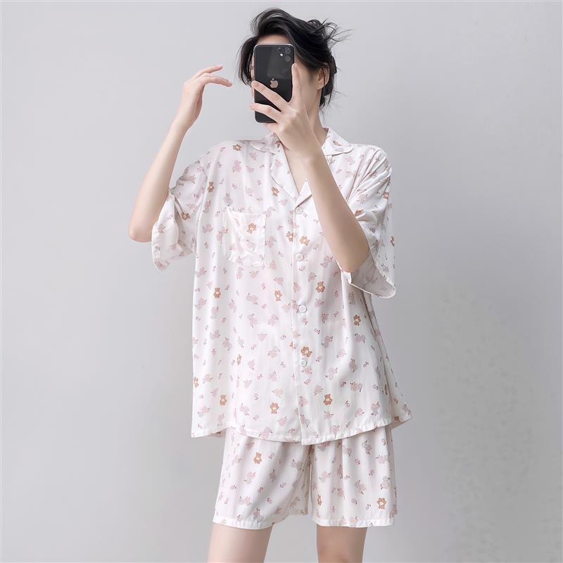 女士睡衣棉绸薄款短袖开衫套装小个子女生人造绵凉感空调家居服夏