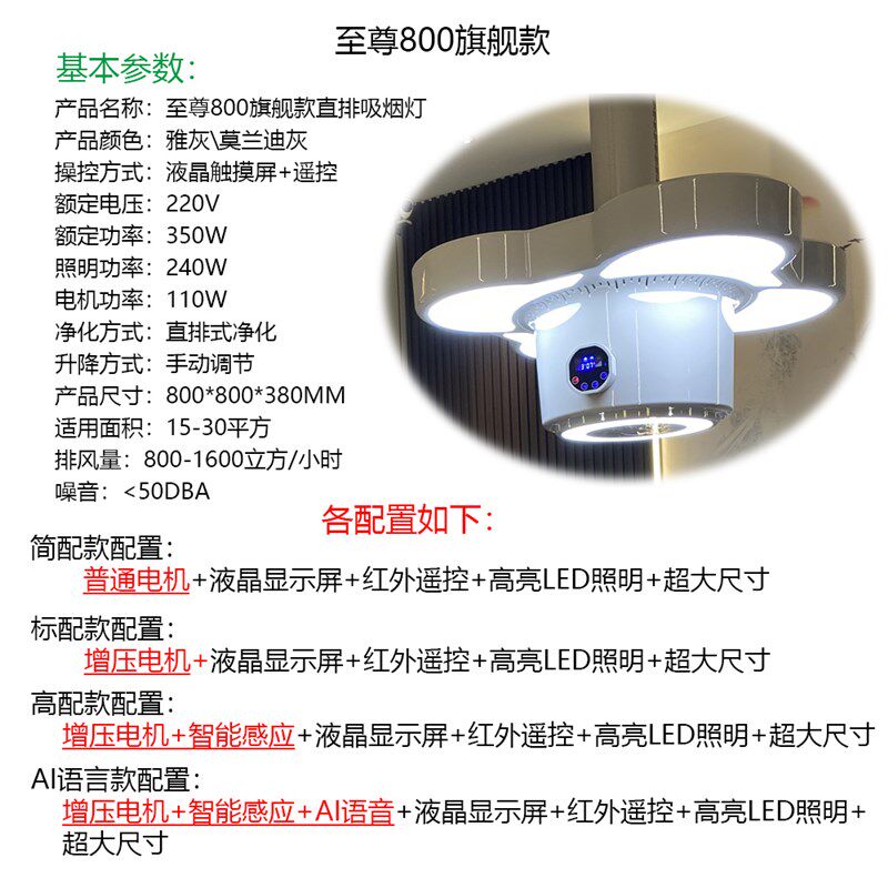 大功率棋牌室专用吸烟灯麻将机净化灯抽烟机直外排空气净化器吊灯