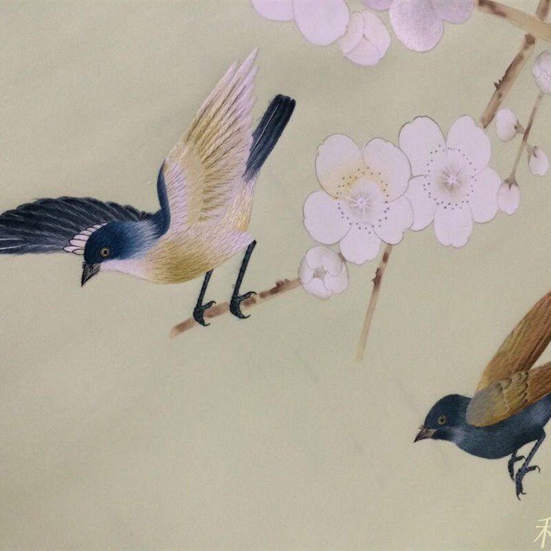 真丝手绘丝绸墙纸壁布壁画C1茶花清新花鸟背景墙法式中式墙布包邮