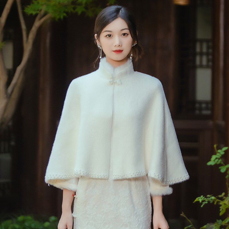复古民国风白色旗袍毛披肩秋冬新款百搭外套披风外搭婚纱礼服斗篷