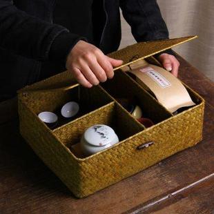 防尘便携放茶具 竹编茶具盒子草编茶具收纳盒家用 盒子竹制旅行