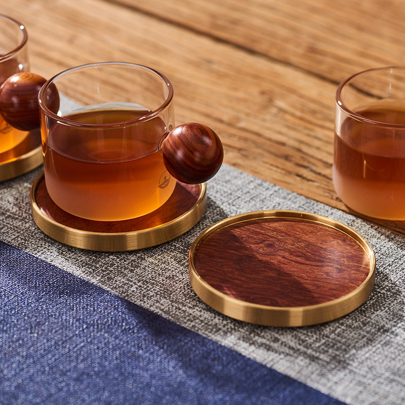 心轩纯铜茶杯托黑檀木杯垫家用功夫茶具茶道配件隔热茶垫子6片装