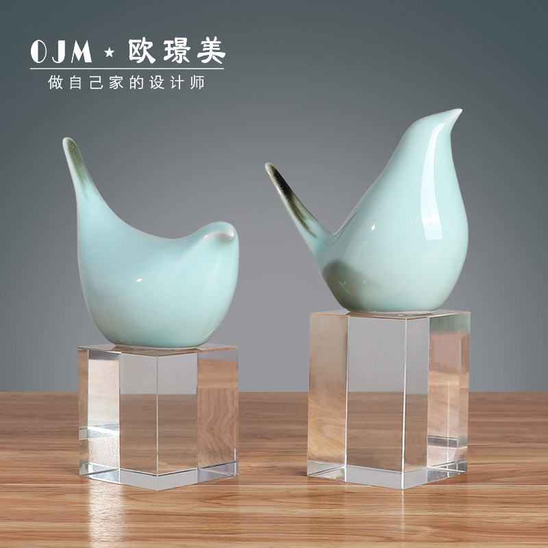 新中式陶瓷水晶鸟摆件客厅书房简约现代创意家居样板房间软装饰品