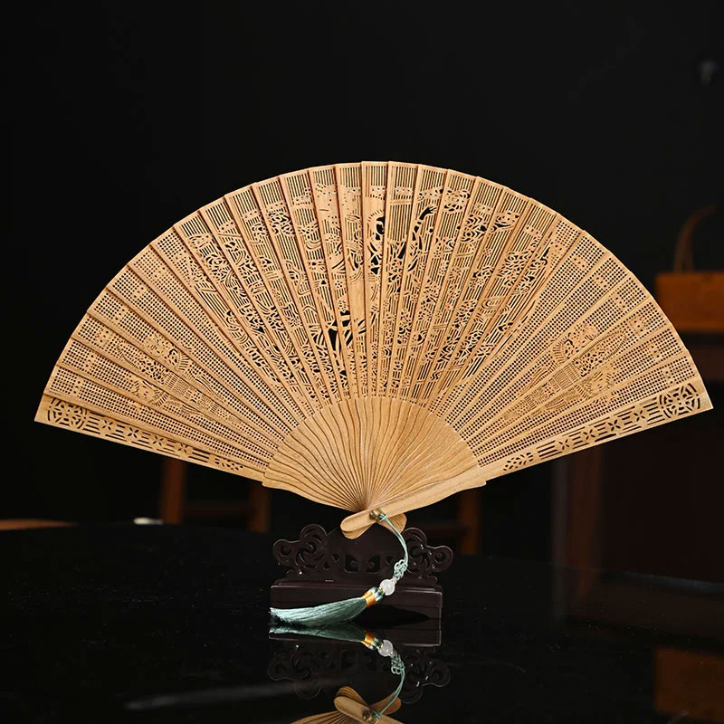 古风折叠檀香木扇22.5cm 中国风绿檀扇子 镂空孔雀翎设计随身携带