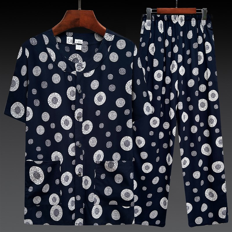新款中老年短袖棉绸套装男士开衫睡衣爷爷家居服爸爸夏季绵绸套装