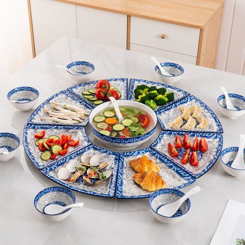 中式青花瓷陶瓷拼盘餐具组合圆桌菜盘创意家用团圆聚餐盘碗碟套装
