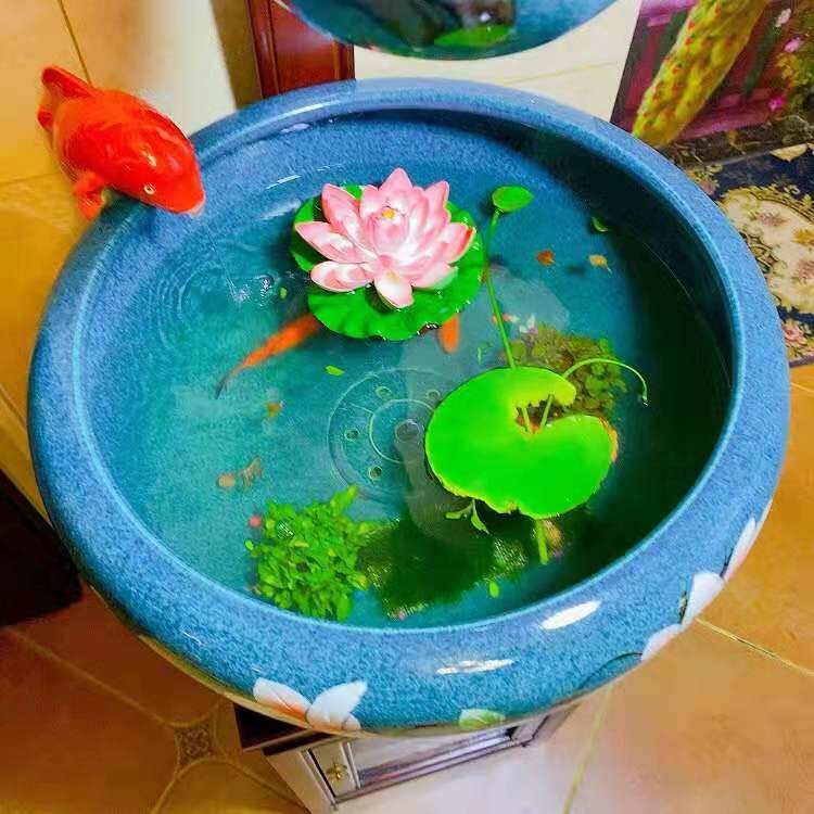 陶瓷柜式玉兰花金鱼鱼缸落地门海缸瓷缸家用玄关客厅景德镇养鱼盆