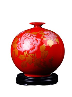 德化中国大红色陶瓷花瓶摆件牡丹花开富贵结婚乔迁送礼客厅装饰品