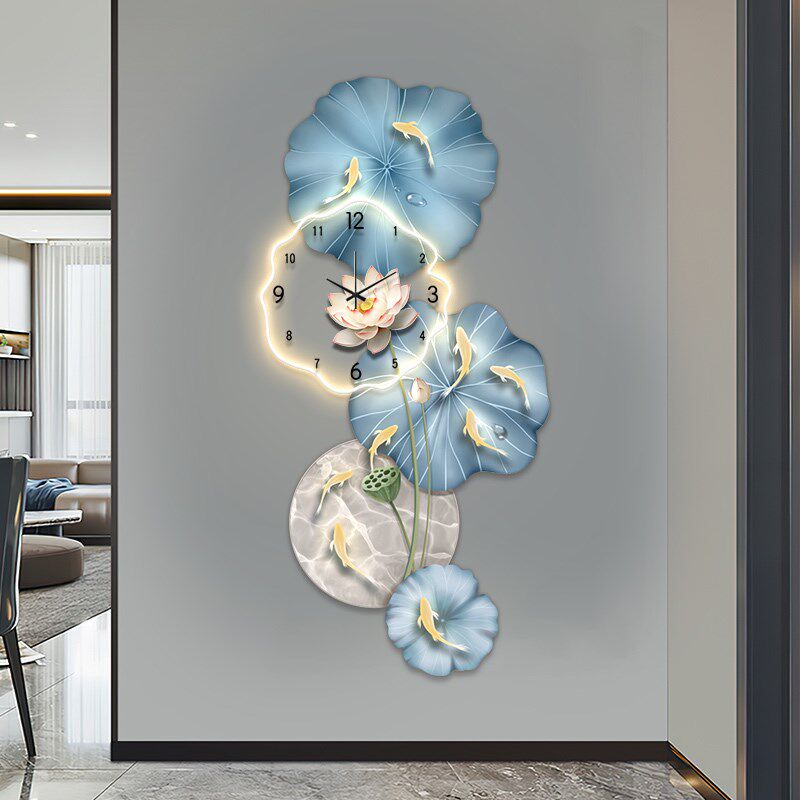 九鱼图挂钟玄关装饰画轻奢高级感钟表客厅led灯画走廊过道挂画