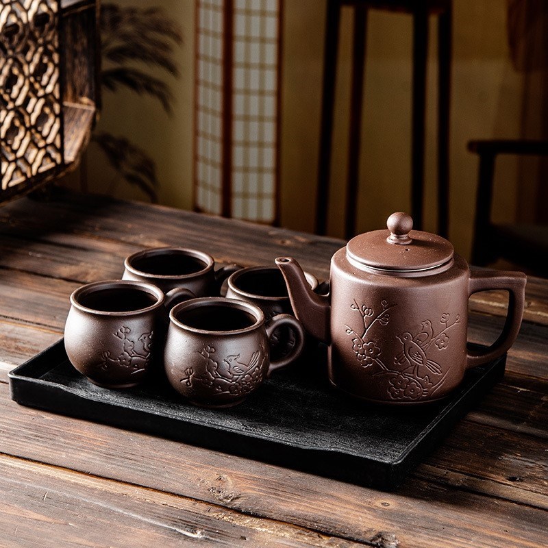 原矿紫砂茶壶大号容量紫砂壶家用功夫茶具茶杯套装宜兴朱泥梅花壶