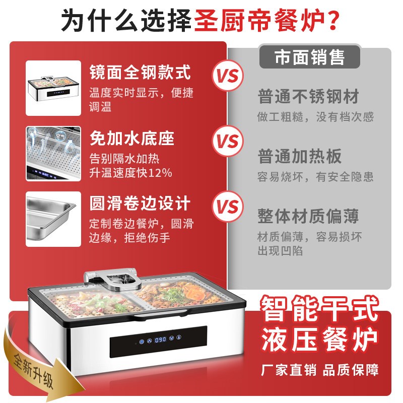 新款304不锈钢自助餐炉免加水保温锅商用盆干式电加热布菲炉翻盖