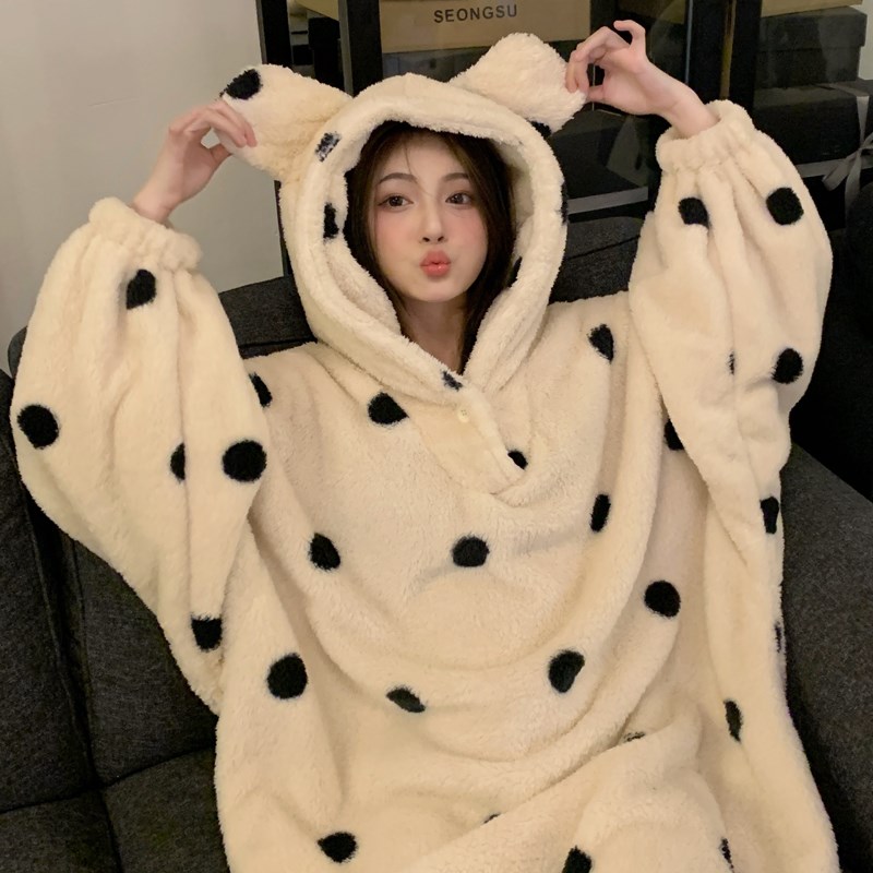 珊瑚绒睡袍女款秋冬季加厚2024新款网红风波点连帽长款家居服睡衣