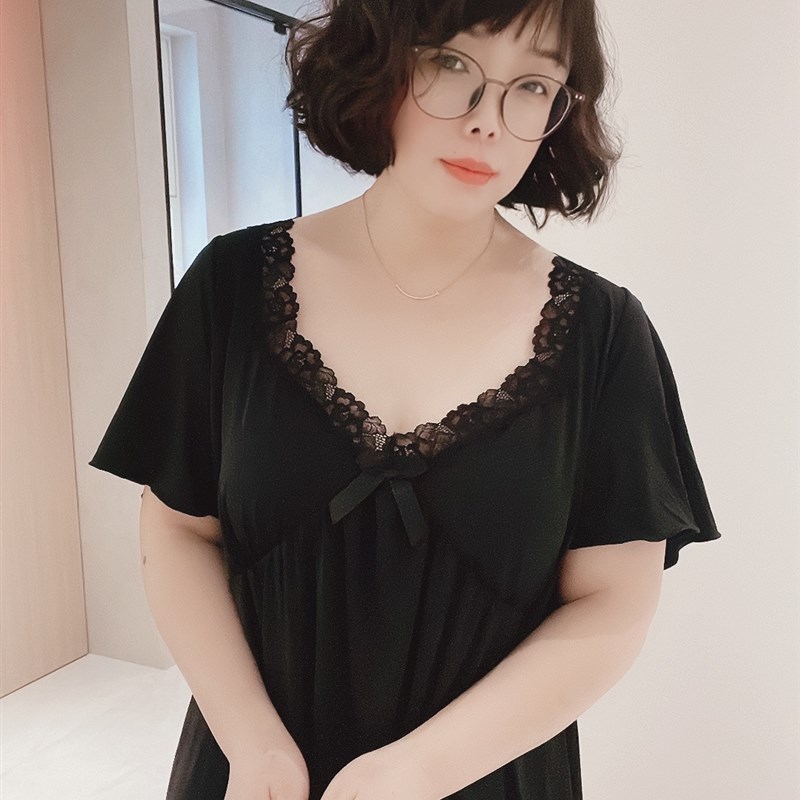 大码胖妹妹半袖带胸垫固定薄款胸垫睡裙冰丝面料V领显瘦舒适宽松