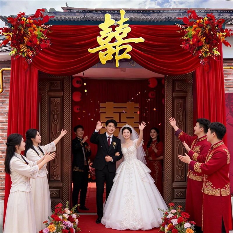 布幔农村结婚院子装饰套装自建房别墅庭院大门口拉花喜字婚房全套