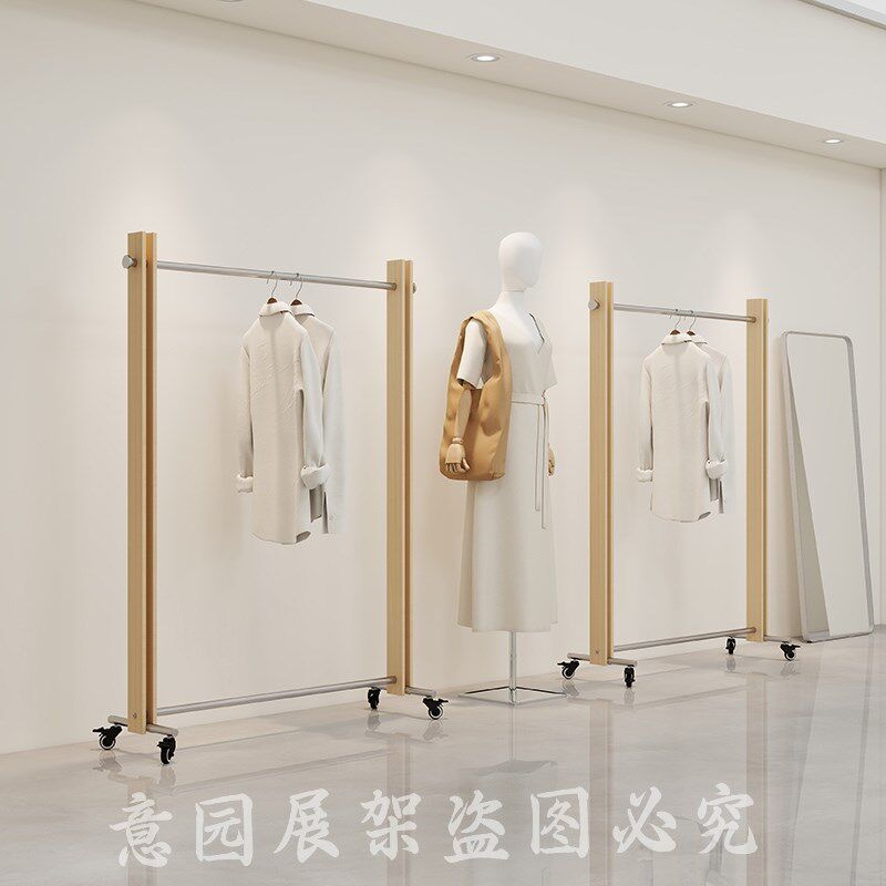 高档服装店展示架落地式挂衣架中岛架不锈钢拉丝新款带木头原木板