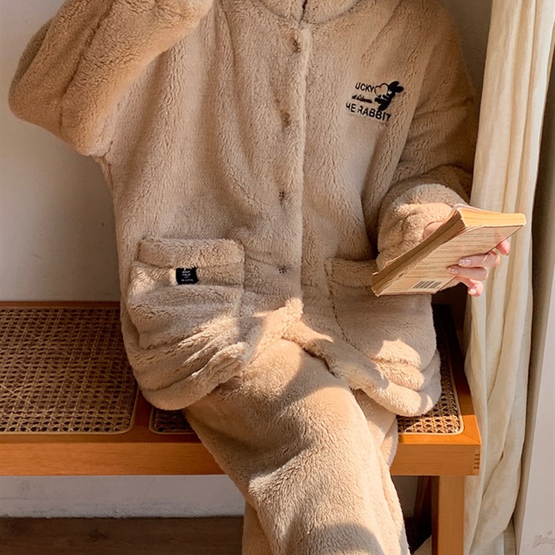 立领睡衣女士春秋冬季加厚加绒珊瑚绒保暖套装2024新款家居服套装