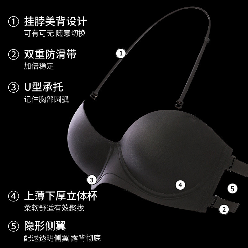 美背露背无肩带内衣女小胸显大聚拢防滑隐形挂脖抹胸贴婚纱文胸罩