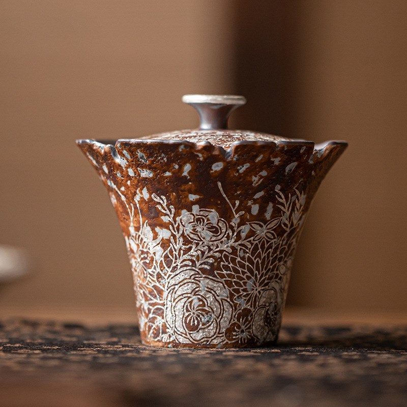 繁花鎏银花口盖碗粗陶二才盖碗小号泡茶碗茶杯功夫茶具单个泡茶器