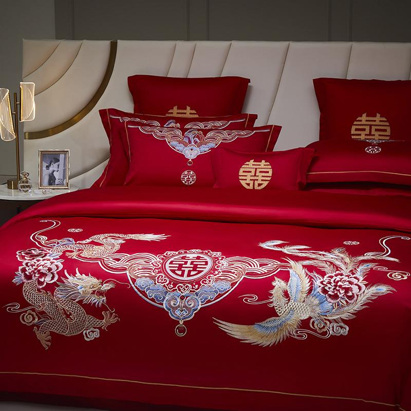 高档龙凤婚庆四件套100支长绒棉大红色纯棉全棉结婚喜被床上用品4
