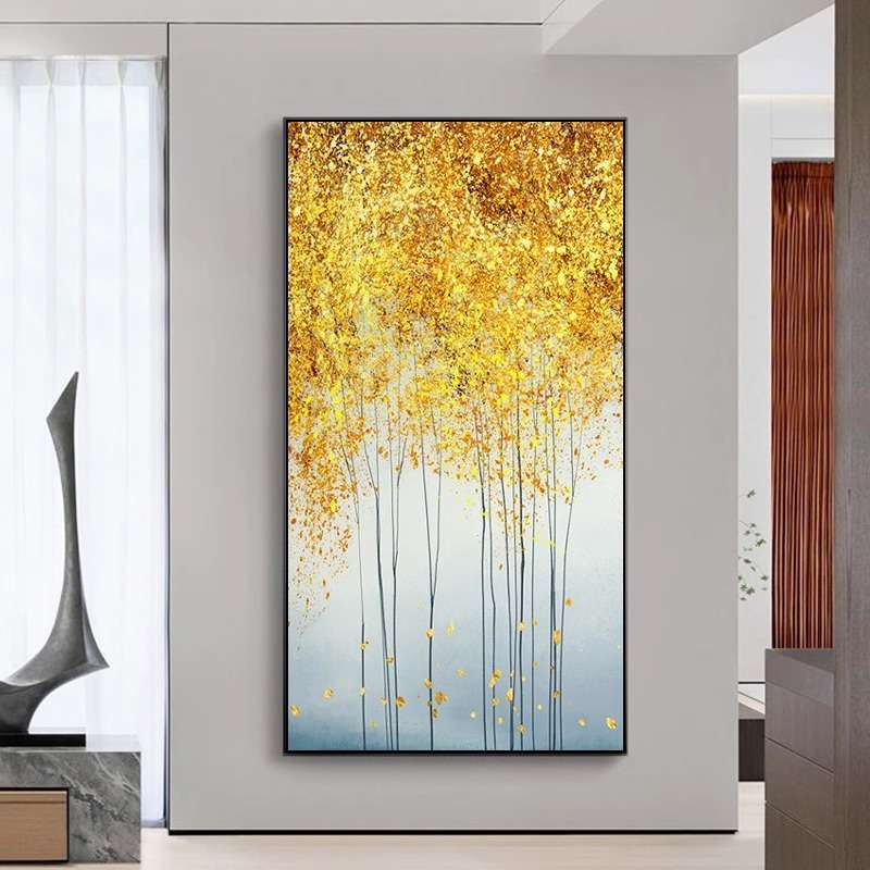 北欧玄关装饰画招财风水轻奢壁画大气金色发财树入户走廊竖版挂画图片
