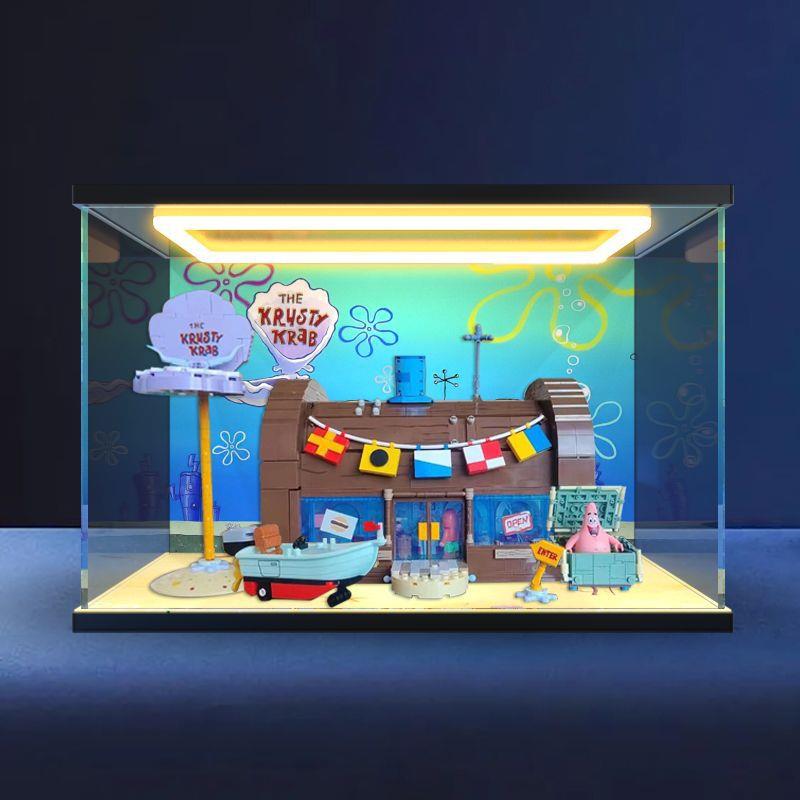亚克力回型灯展示盒适用 AREAX砖区 海绵宝宝 蟹堡王餐厅积木模型