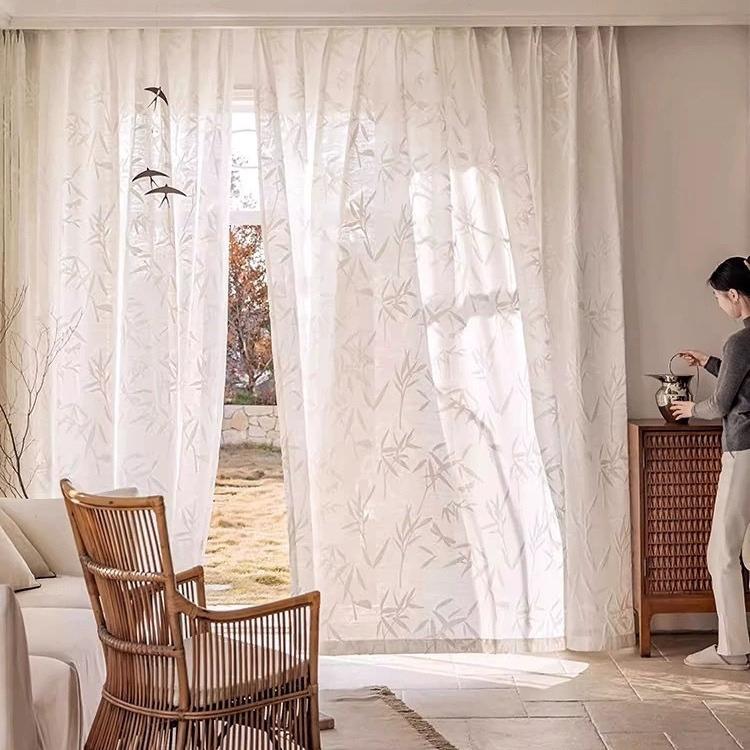 【布料】竹子提花绒纱帘透光不透人书房客厅隔断窗帘白新中式