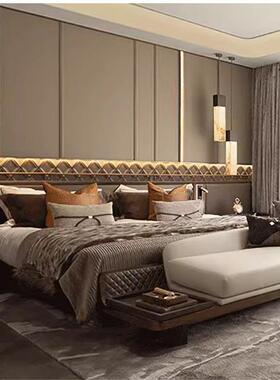 别墅样板房棕色床品简约轻奢橙色皮艺高端展厅床上用品四12件套