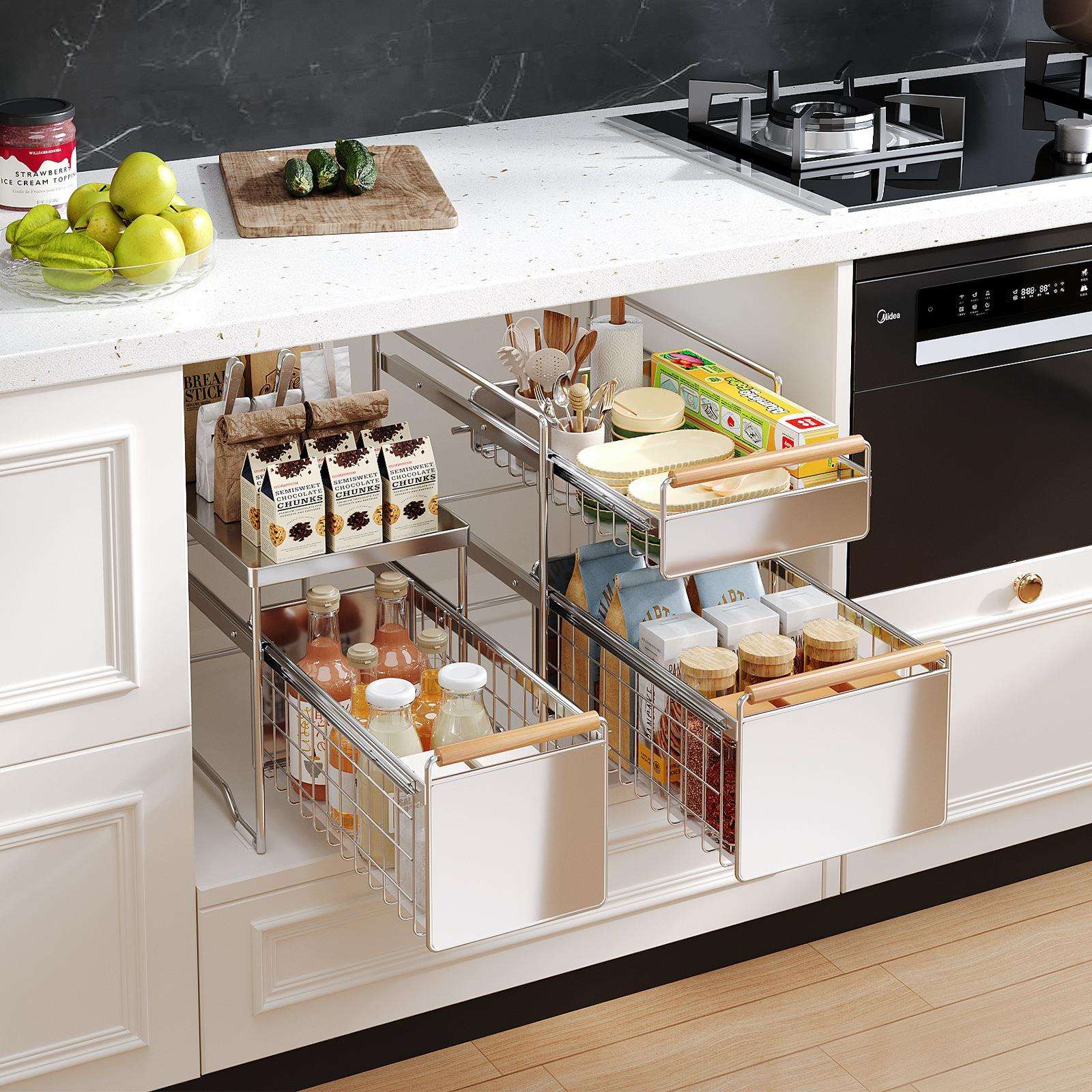 不锈钢厨房抽拉式置物架多功能碗碟调料收纳分层架下水槽橱柜拉篮