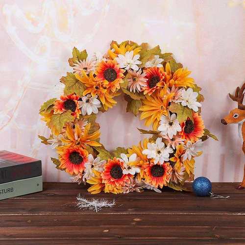 纵鸿跨境丰收节花环 秋季向日葵门挂藤圈橱窗装饰品布置