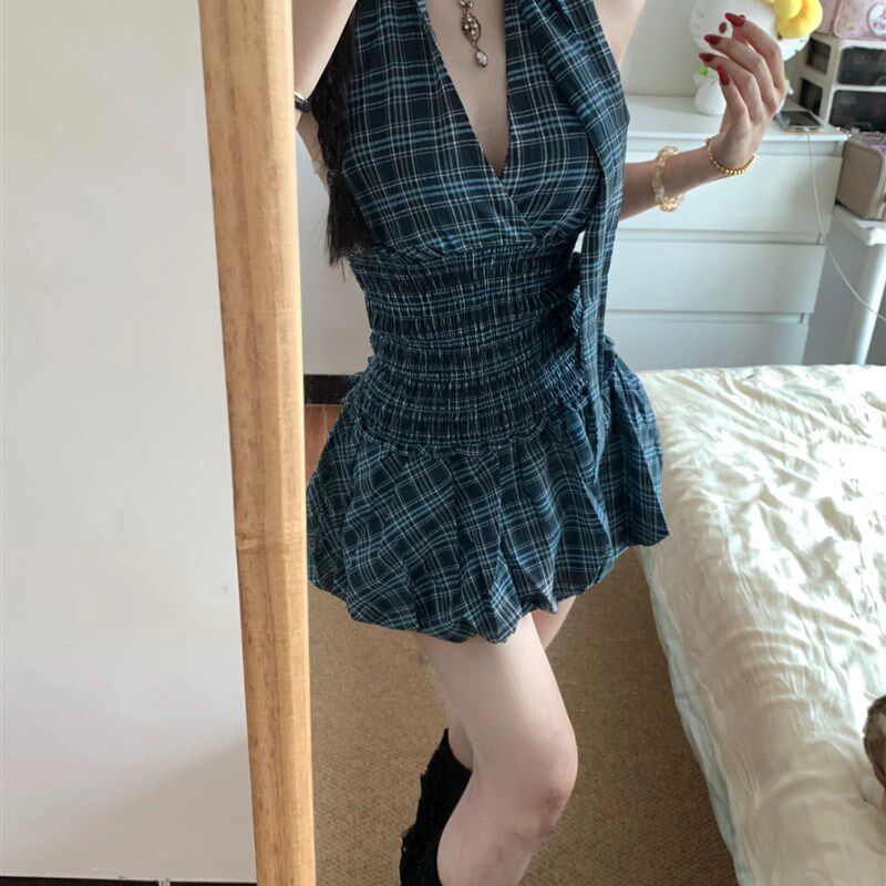 美式甜辣妹连衣裙子女无袖挂脖A时尚套装
