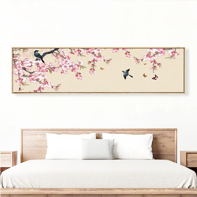 现代新中国风桃花手绘花鸟装饰画春天满横墙画客厅卧室床头挂画图片