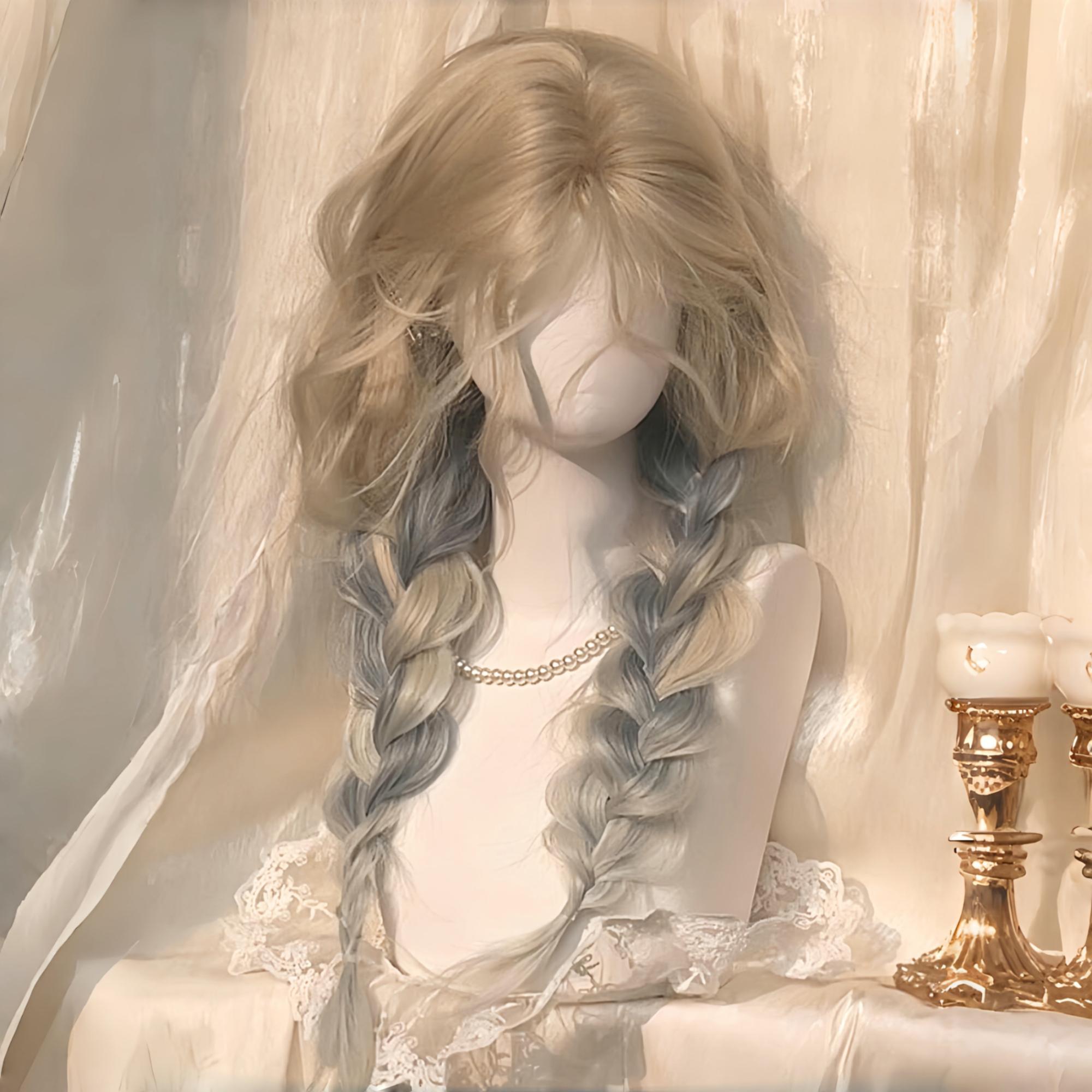 【柠盐奶霜】假发女前额蕾丝白金渐层蓝长卷发中分浏海整顶全头套