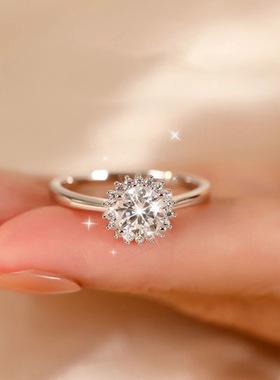 高定轻奢爆款人工培育银色太阳花戒指女款求婚订婚钻戒时尚简约24