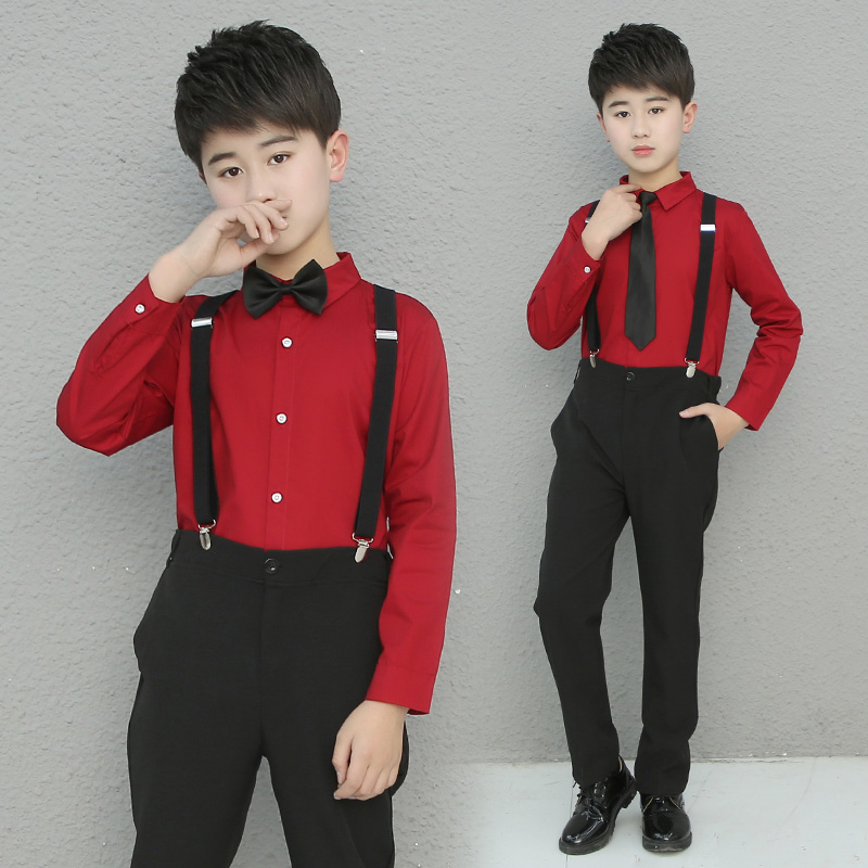 儿童衬衫套装男童喜庆演出服花童B礼服小学生酒红衬衣背带裤合唱