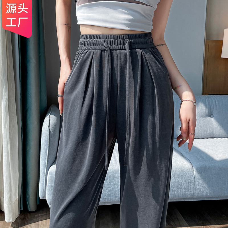 灰色铜氨丝窄版阔腿裤女夏u季薄款高腰运动垂感凉凉裤直筒冰丝裤