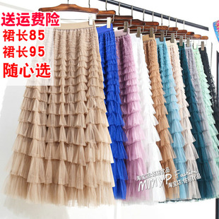 冬季卡其色层层网纱蛋糕裙半身裙秋冬女2022新款黑色加Z长纱裙长