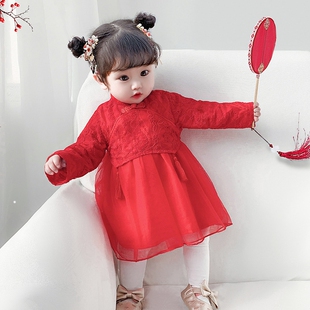 女宝宝旗袍中国风红色洋装婴儿百C天衣服周岁抓周礼服公主裙秋装